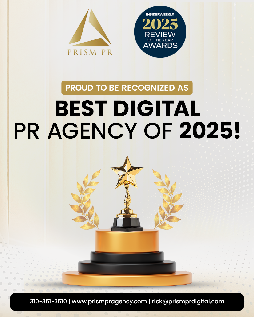 Prism PR and InsiderWeekly award graphic naming Prism PR Best Digital PR Agency of 2025